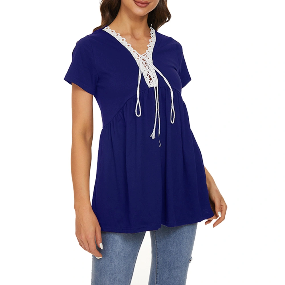 Lace Up V Neckline Blouse Stitching Casual Fitted Short Sleeve Lace Trim Tunic Blouse for Women Royal Blue S