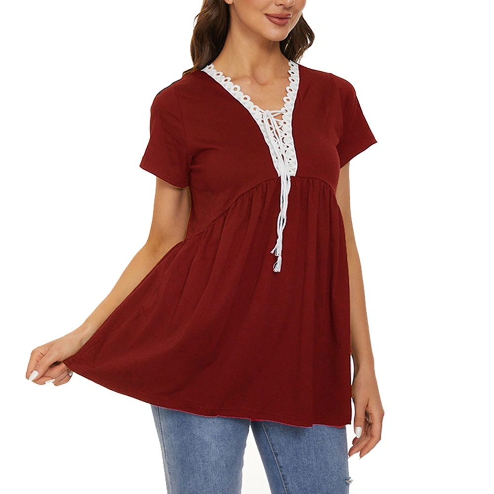 Lace Up V Neckline Blouse Stitching Casual Fitted Short Sleeve Lace Trim Tunic Blouse for Women Red S