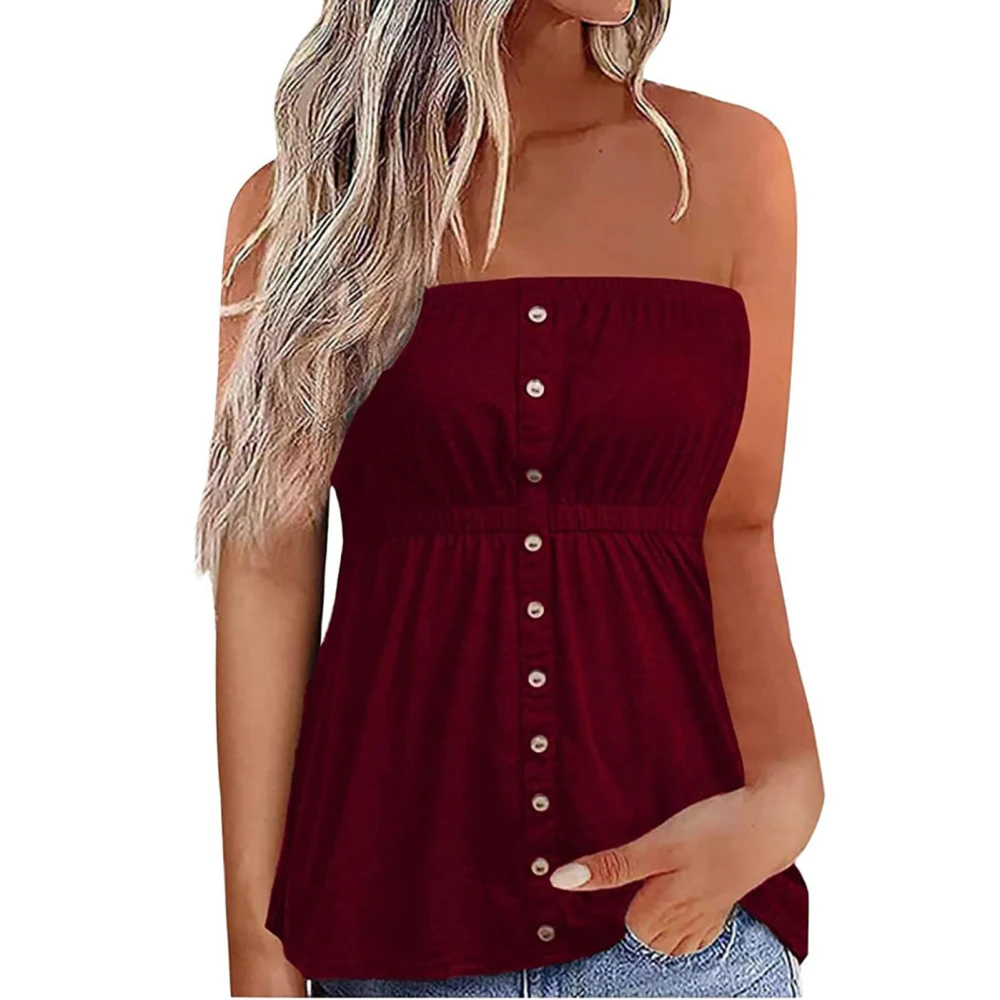 Women Strapless Tube Top Button Front Ruffle Hem Sleeveless Blouse for Summer Wear Wine Red L