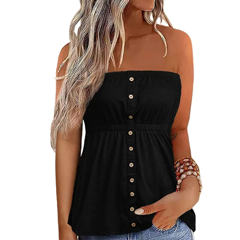 Women Strapless Tube Top Button Front Ruffle Hem Sleeveless Blouse for Summer Wear Black XL