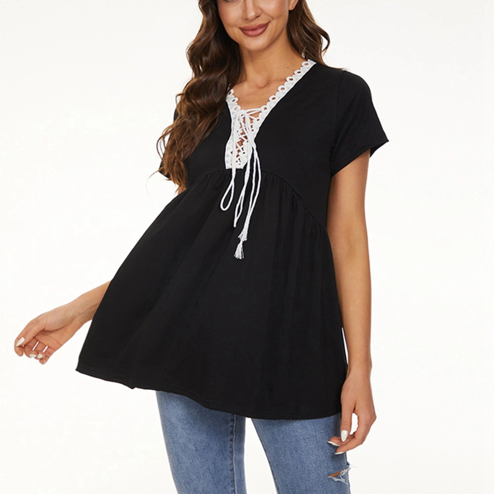 Lace Up V Neckline Blouse Stitching Casual Fitted Short Sleeve Lace Trim Tunic Blouse for Women Black M