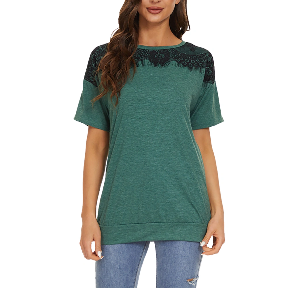 Women Round Neck T Shirt Lace Splicing Short Sleeves Summer Casual Loose Fit Top for Daily Wear Green XXL