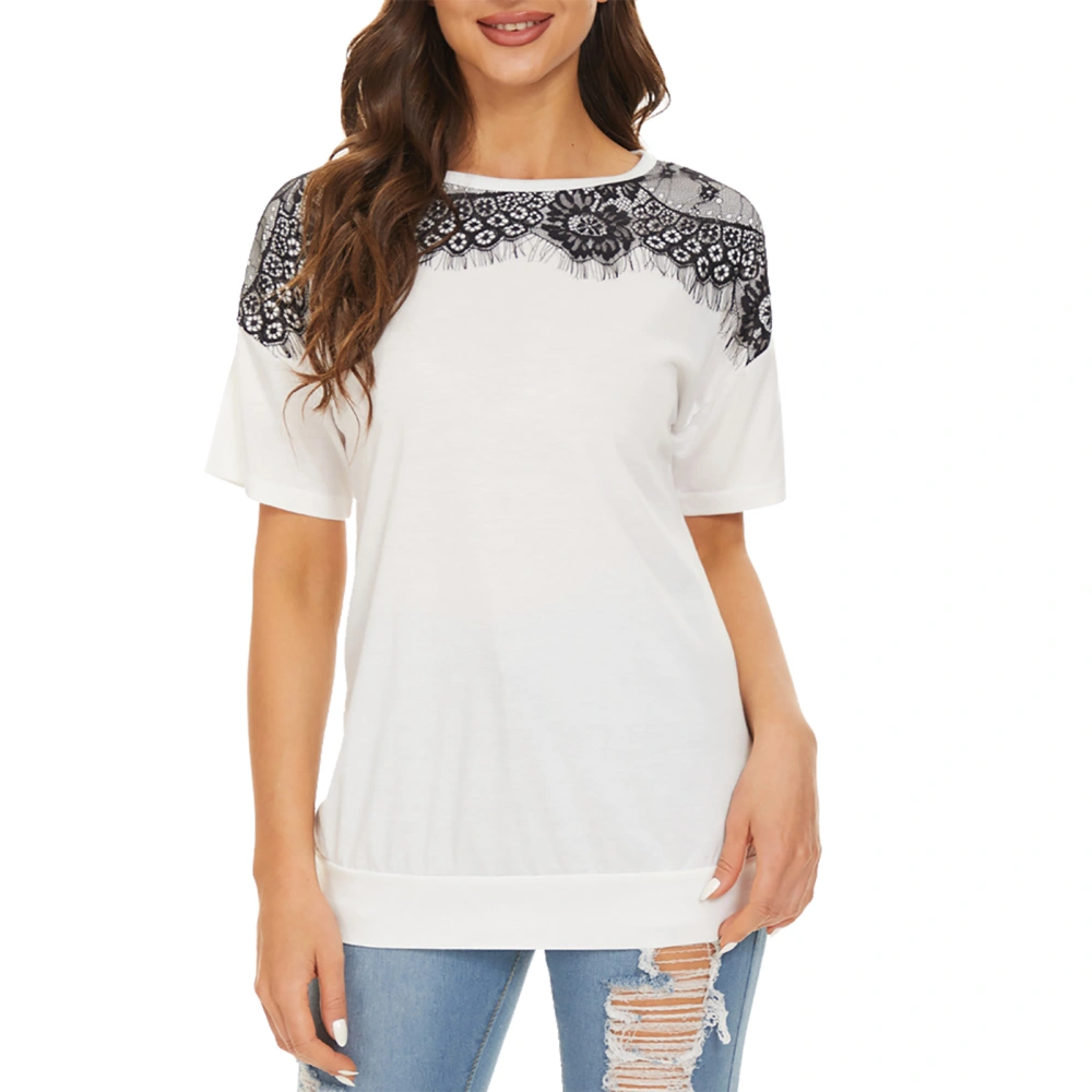 Women Round Neck T Shirt Lace Splicing Short Sleeves Summer Casual Loose Fit Top for Daily Wear White XL