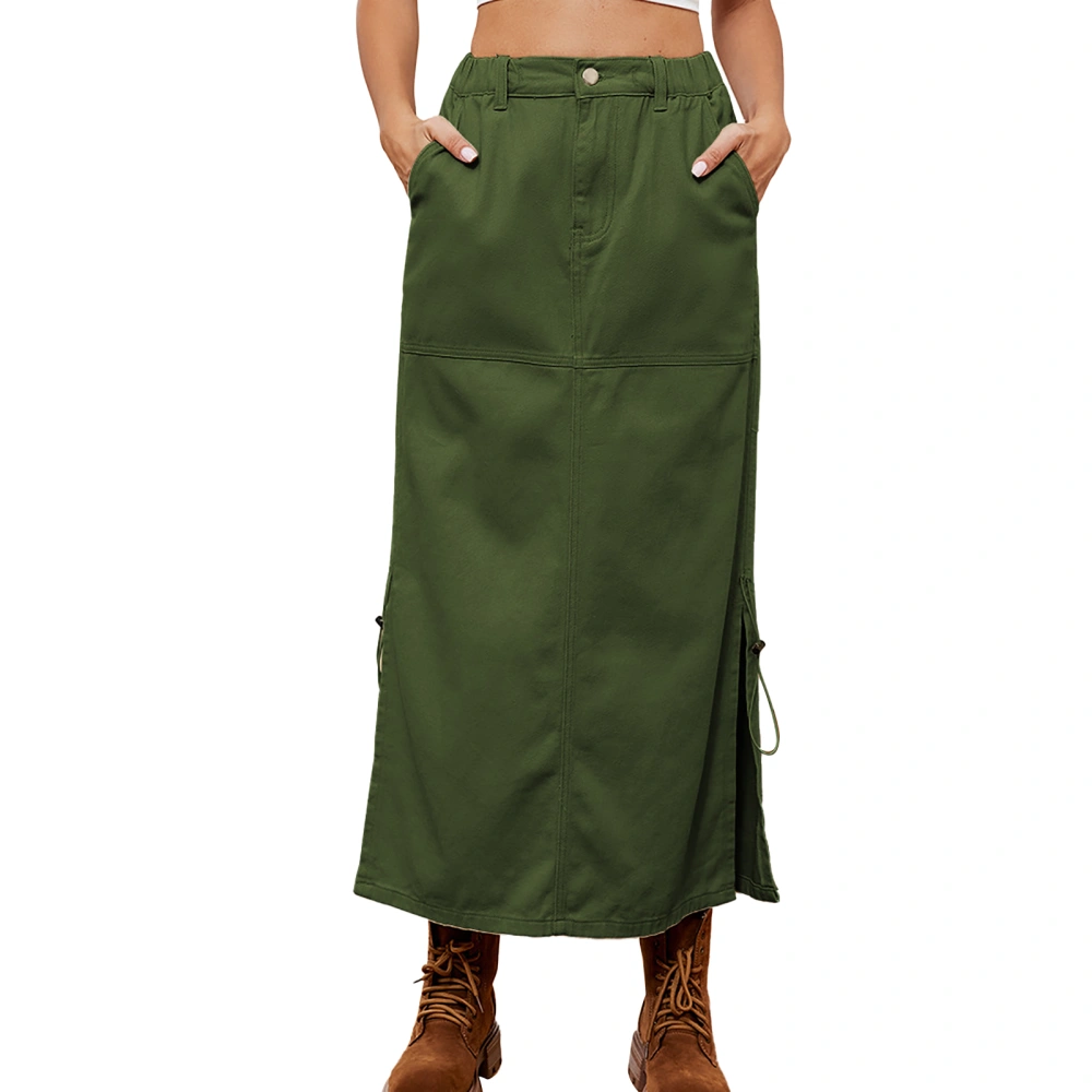 Women Casual Skirt Elastic Waist Side Split Drawstring Button Closure Fashion Skirt for Daily Wear OD Green S