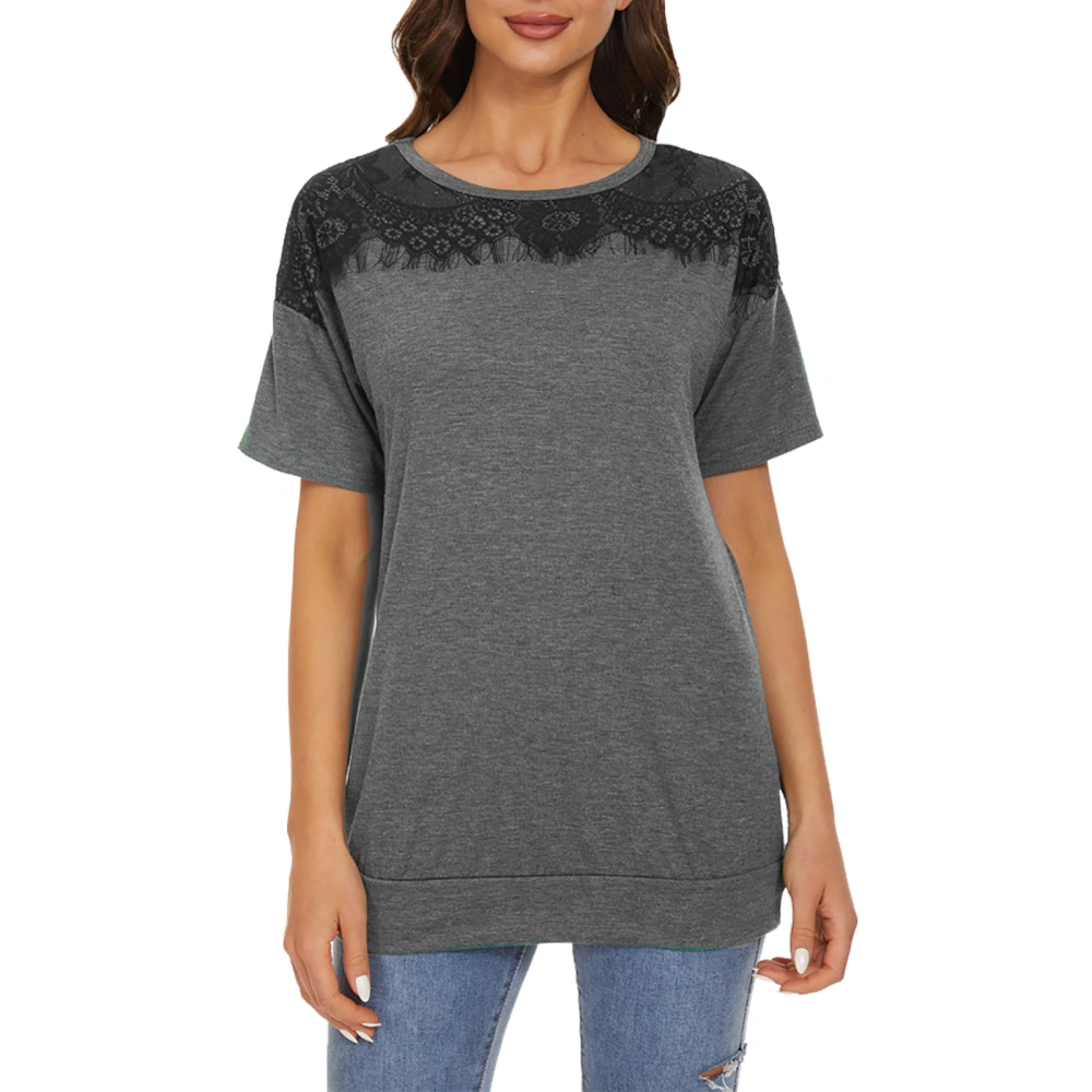 Women Round Neck T Shirt Lace Splicing Short Sleeves Summer Casual Loose Fit Top for Daily Wear Gray M