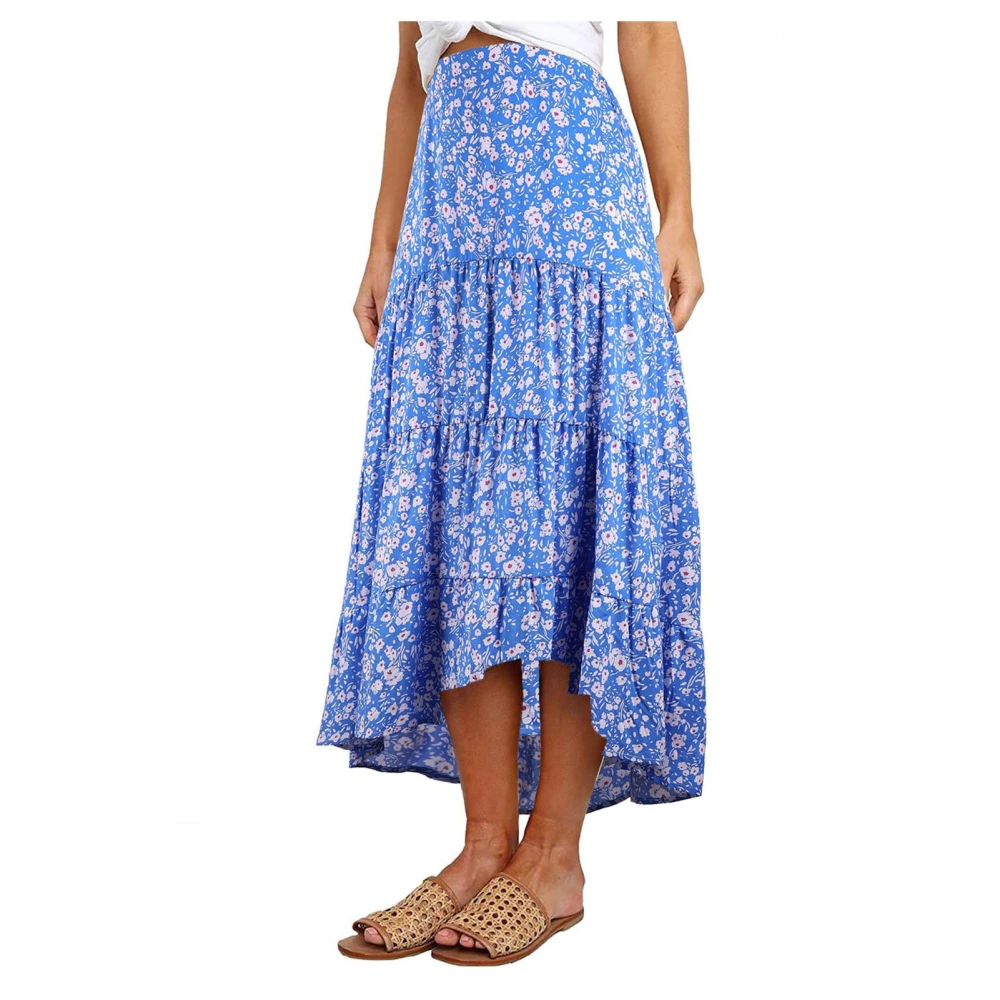 Floral Print Midi Skirt Ruffle Stitching A Line High Waisted Flower Asymmetrical Skirt for Women Blue S