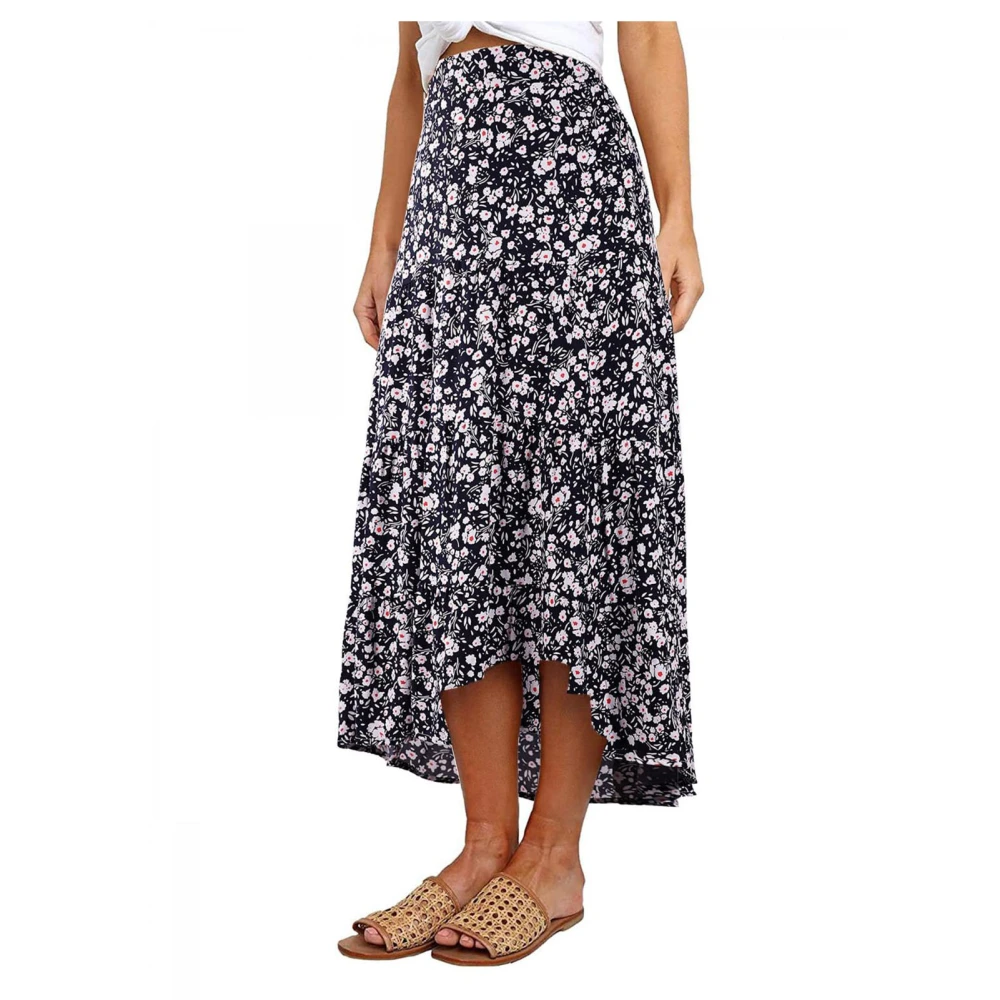 Floral Print Midi Skirt Ruffle Stitching A Line High Waisted Flower Asymmetrical Skirt for Women Navy Blue M