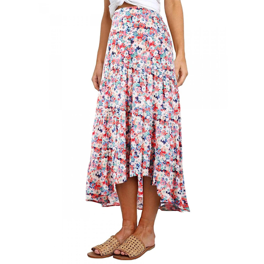 Floral Print Midi Skirt Ruffle Stitching A Line High Waisted Flower Asymmetrical Skirt for Women Blue Red S