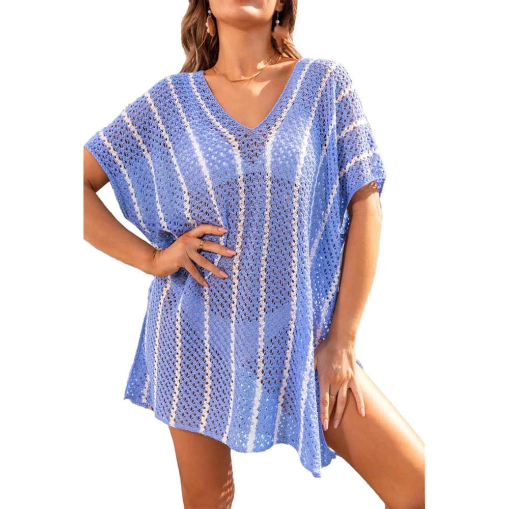 Women Bikini Coverup V Neck Short Batwing Sleeve Stripes Color Contrast Knitted Swimsuit Cover Dress Blue One Size