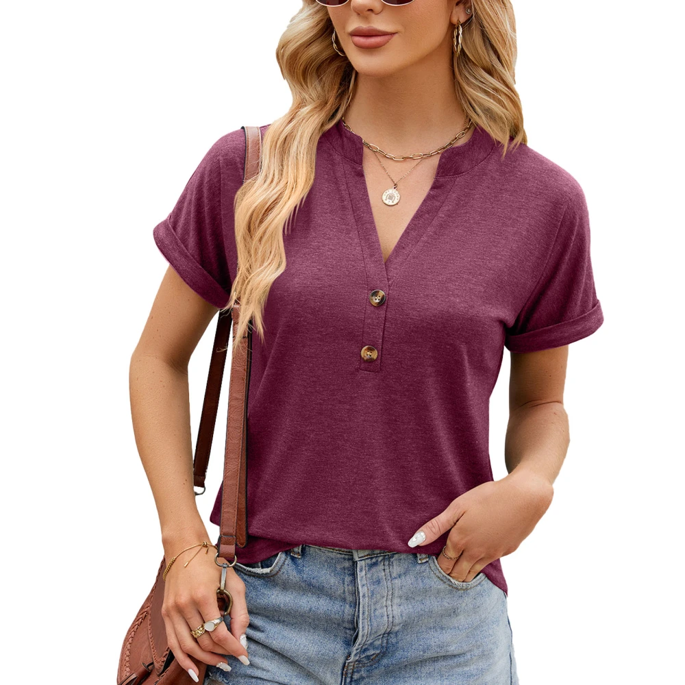 Button Front Blouse V Neckline Short Sleeve Casual Fitted Button Front Blouse Top for Women Burgundy XL