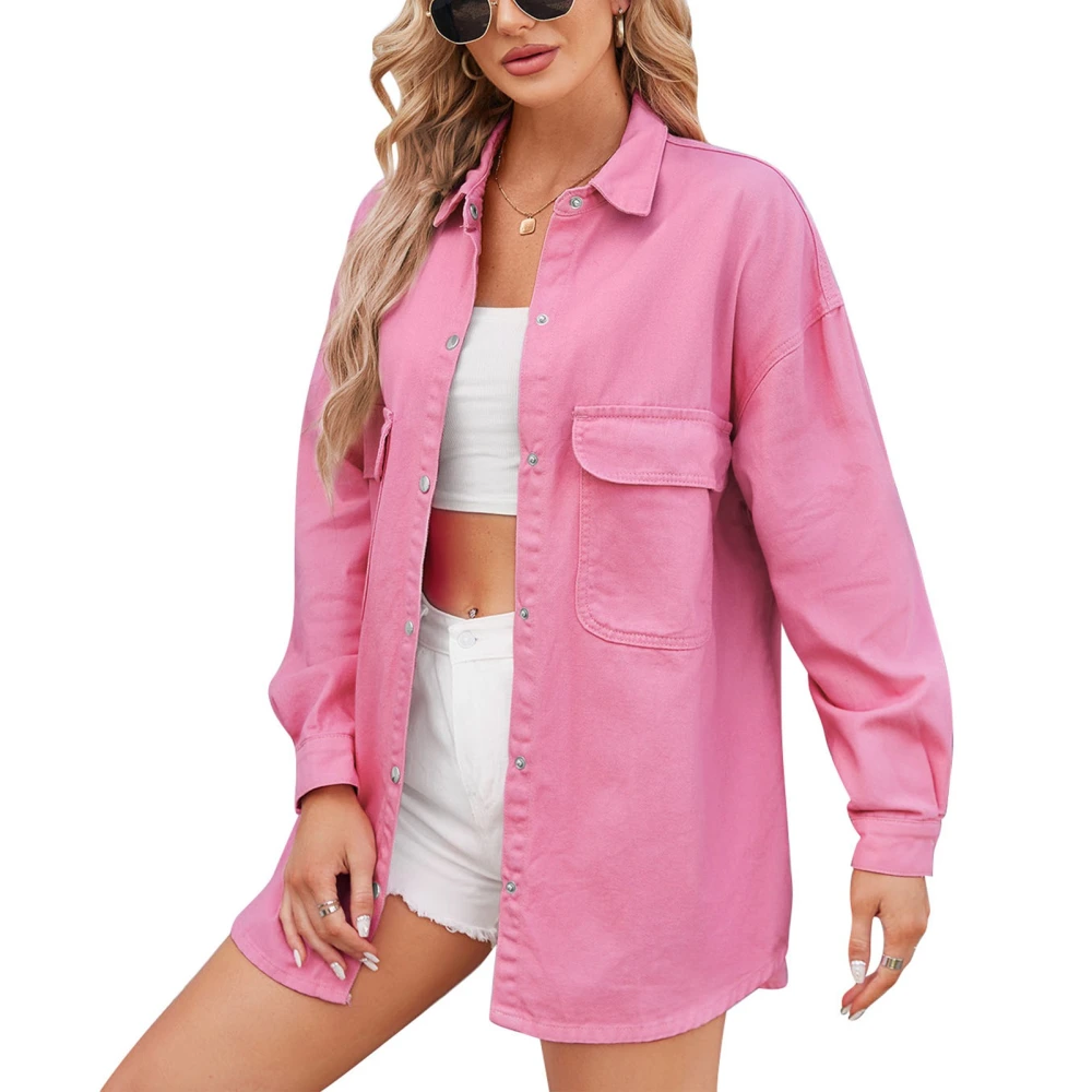 Long Sleeve Button Up Jacket Front Pocket Drop Shoulder Casual Fitted Button Up Jacket for Women Pink XL