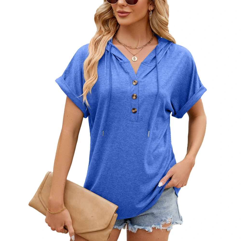 Women Short Sleeve Hoodie V Neck Drawstring Button Front Solid Color Loose Casual Hooded Top Sky Blue M