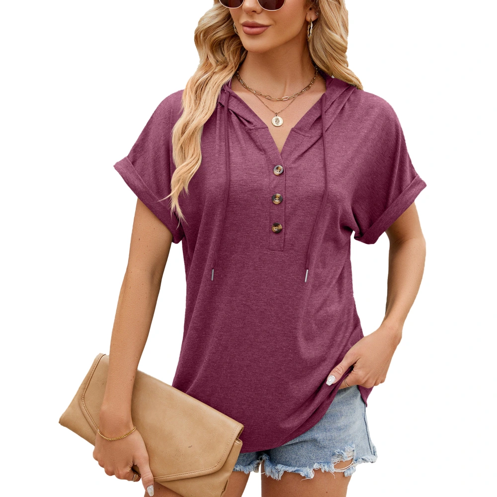 Women Short Sleeve Hoodie V Neck Drawstring Button Front Solid Color Loose Casual Hooded Top Wine Red M