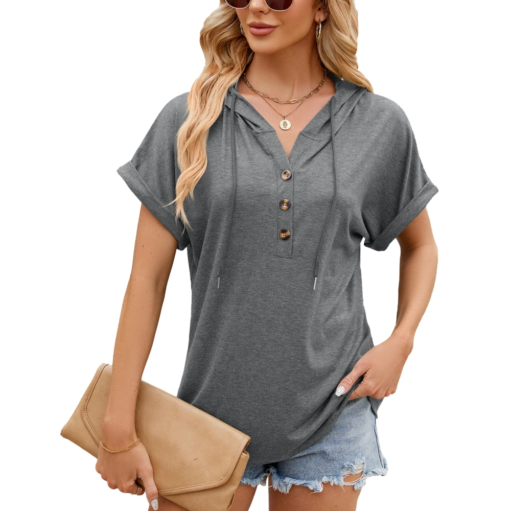 Women Short Sleeve Hoodie V Neck Drawstring Button Front Solid Color Loose Casual Hooded Top Light Grey XL