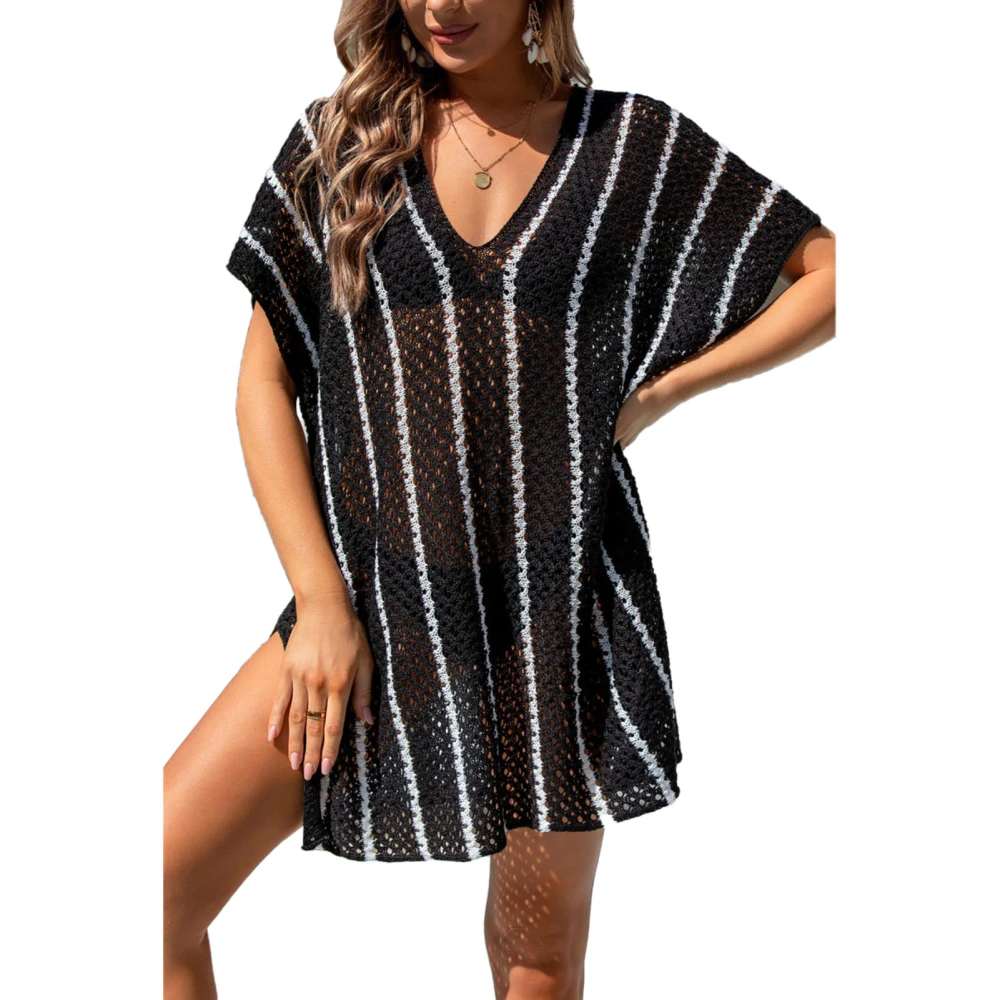 Women Bikini Coverup V Neck Short Batwing Sleeve Stripes Color Contrast Knitted Swimsuit Cover Dress Black One Size