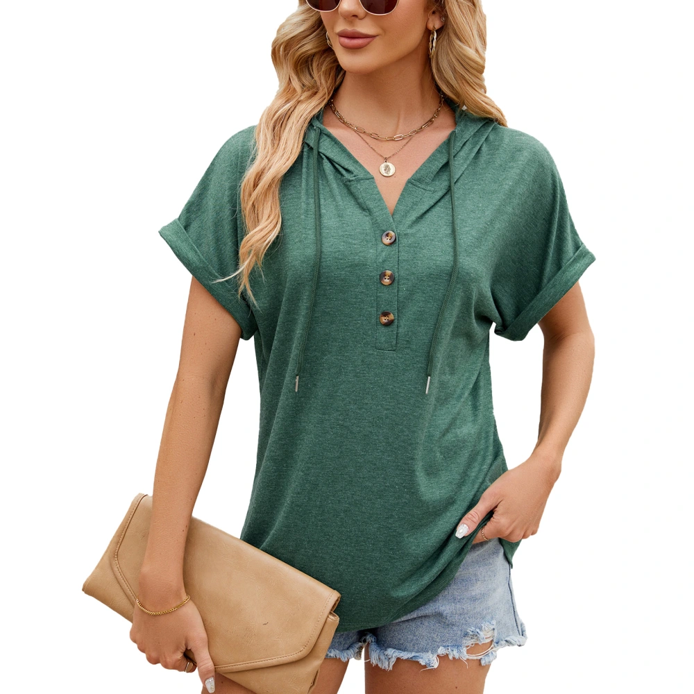 Women Short Sleeve Hoodie V Neck Drawstring Button Front Solid Color Loose Casual Hooded Top Dark Green S