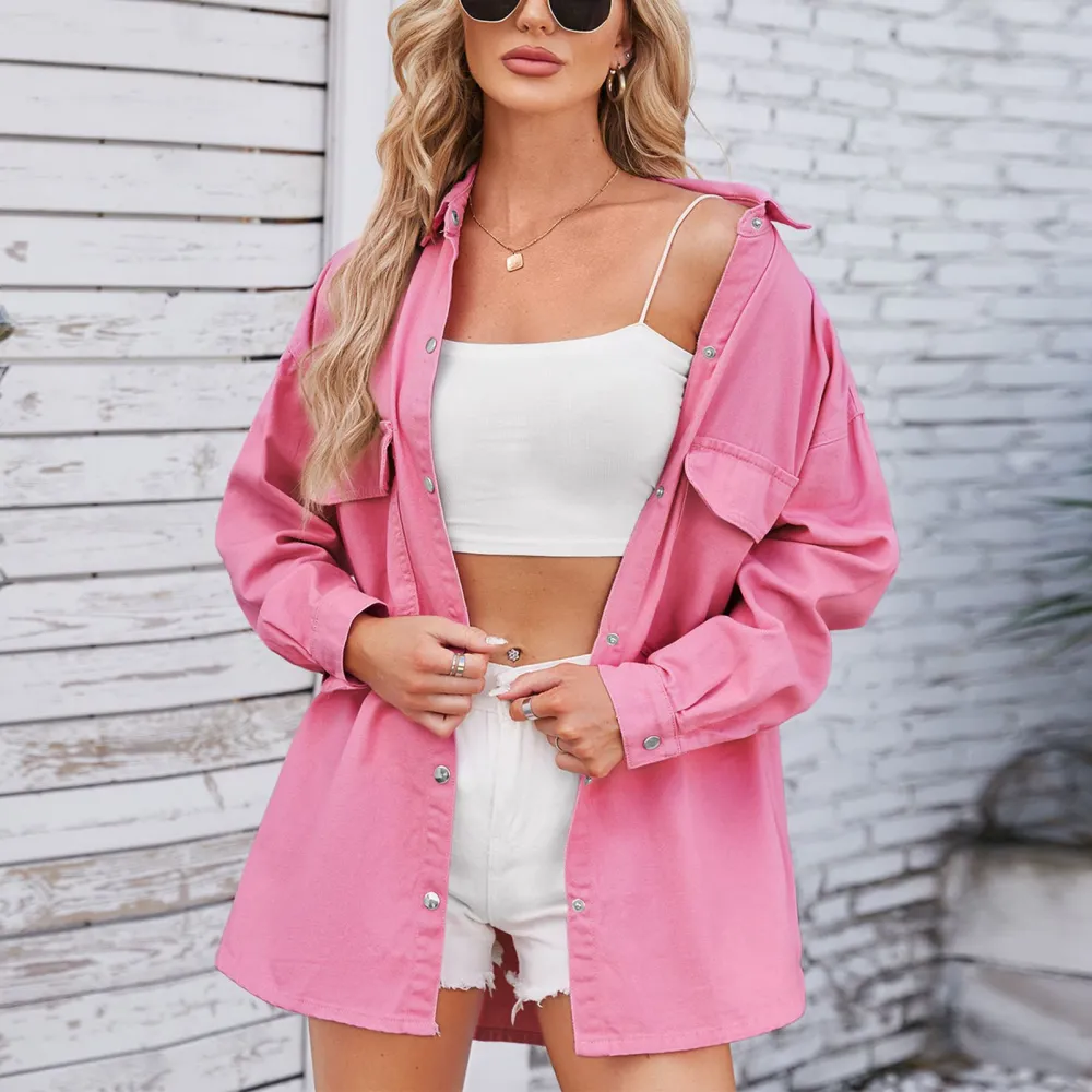 Long Sleeve Button Up Jacket Front Pocket Drop Shoulder Casual Fitted Button Up Jacket for Women Pink L