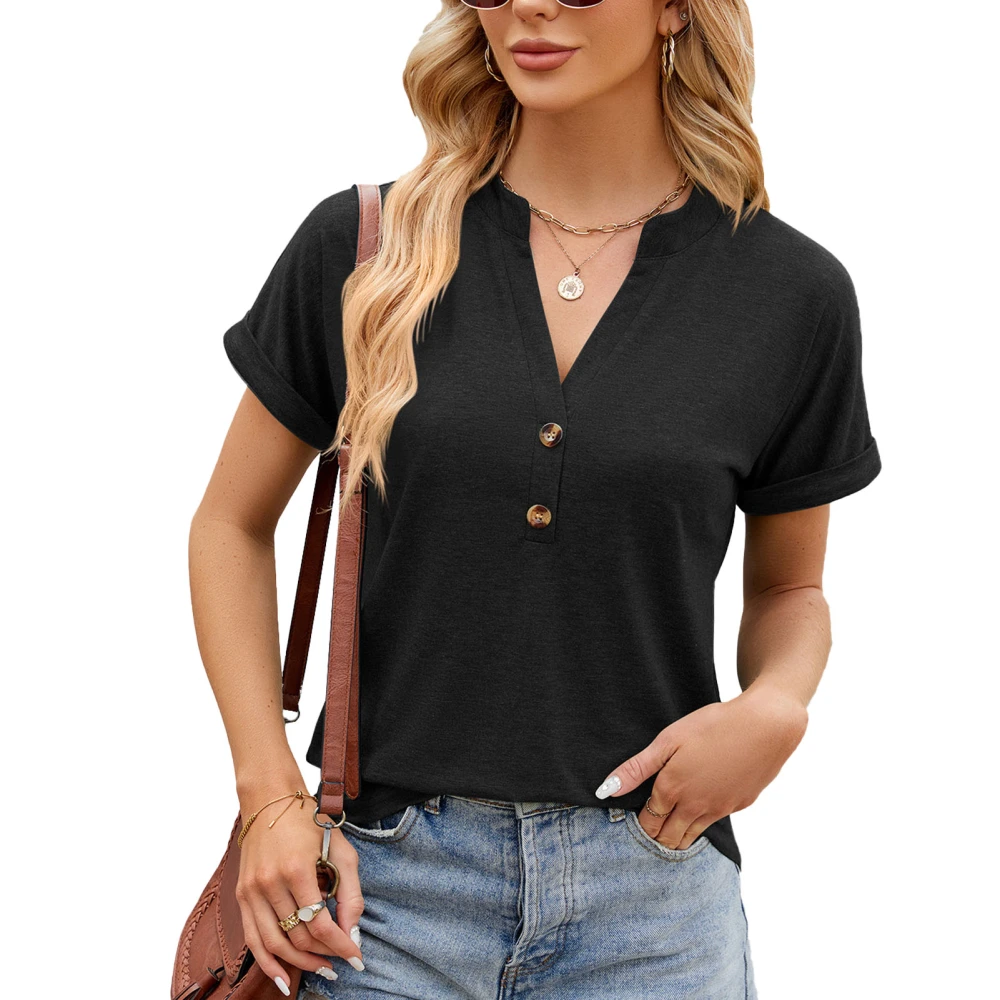 Button Front Blouse V Neckline Short Sleeve Casual Fitted Button Front Blouse Top for Women Black L