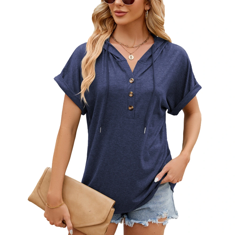 Women Short Sleeve Hoodie V Neck Drawstring Button Front Solid Color Loose Casual Hooded Top Dark Blue XXL