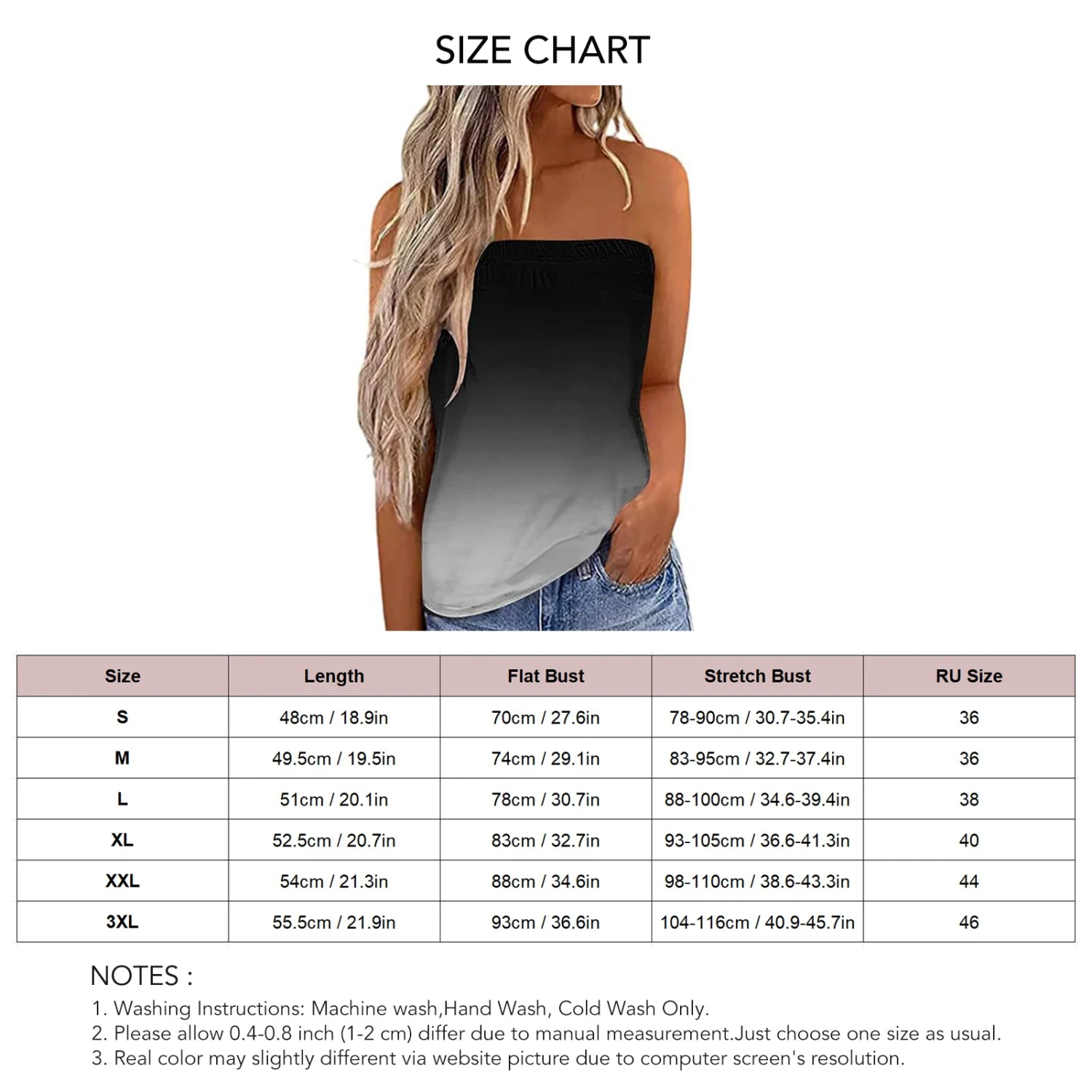 Strapless Tank Top Basic Breathable Fashionable Soft Casual Fitted Strapless Tank Top for Women Black Gradient L