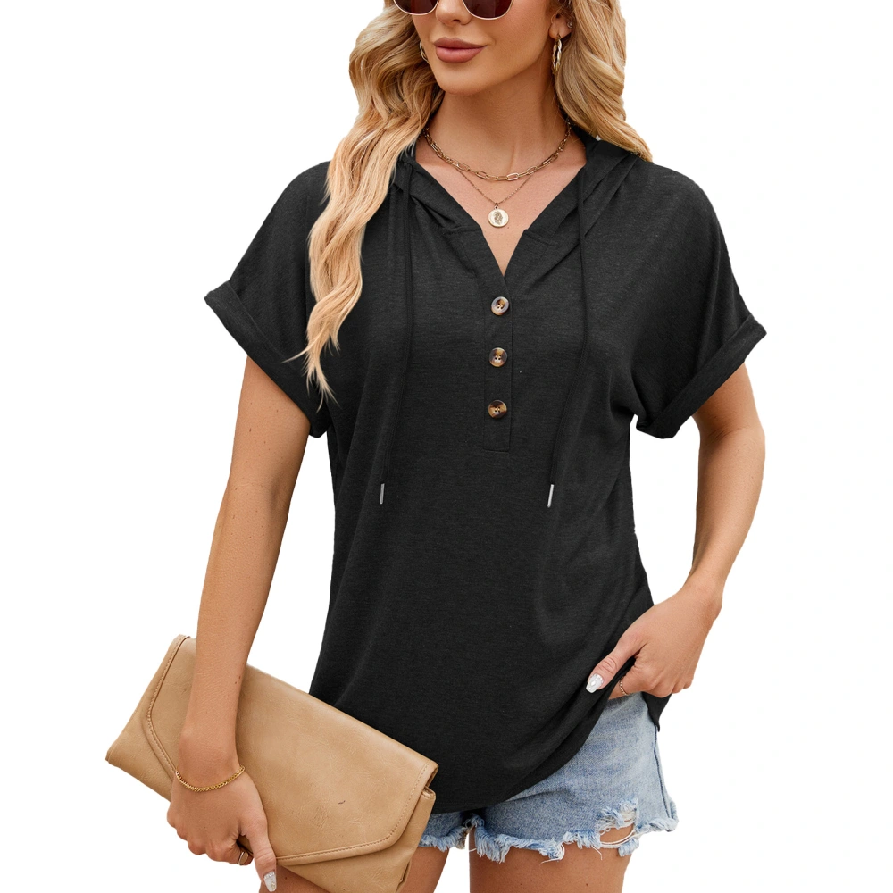 Women Short Sleeve Hoodie V Neck Drawstring Button Front Solid Color Loose Casual Hooded Top Black XXL