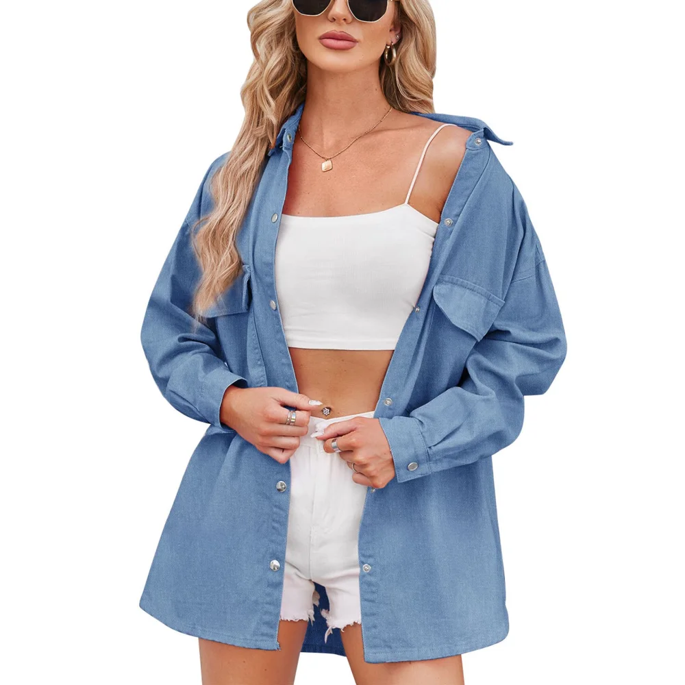 Long Sleeve Button Up Jacket Front Pocket Drop Shoulder Casual Fitted Button Up Jacket for Women Blue XL