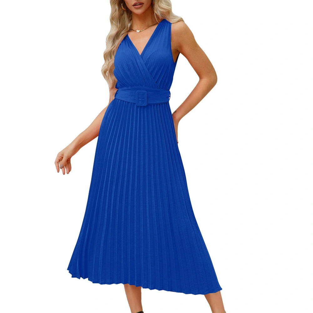 Pleated A Line Dress Deep V Neck Long Sleeveless Fashionable Pleated Midi Evening Dress for Women Blue L