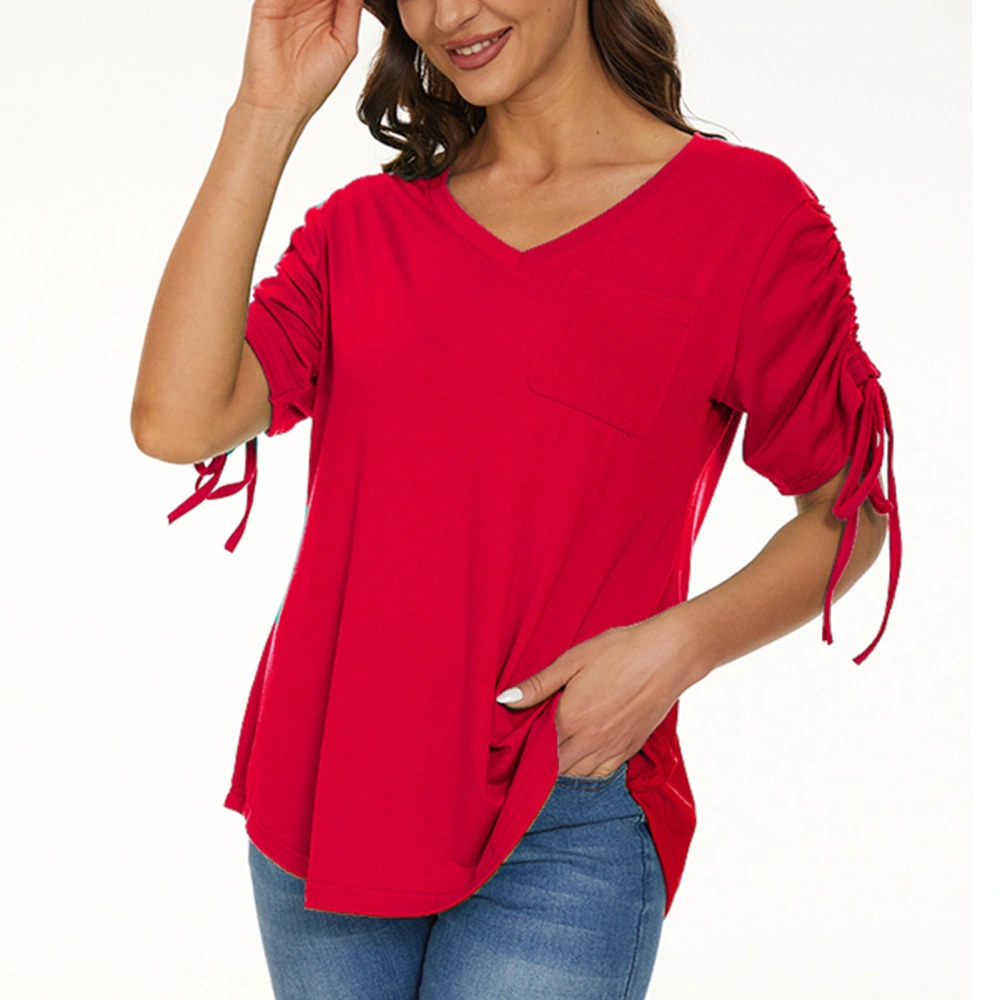 Women Short Sleeve V Neck Drawstring Pure Color Breathable Casual Top for Party Shopping Office Red XL