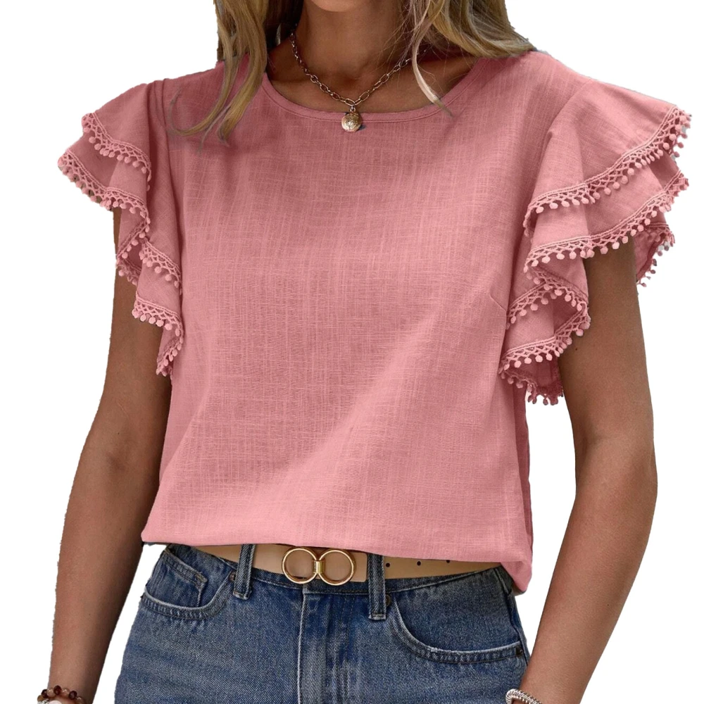 Women Round Neck Top Short Ruffle Sleeves Double Layers Loose Fitting Summer Casual T Shirt for Daily Wear Pink L