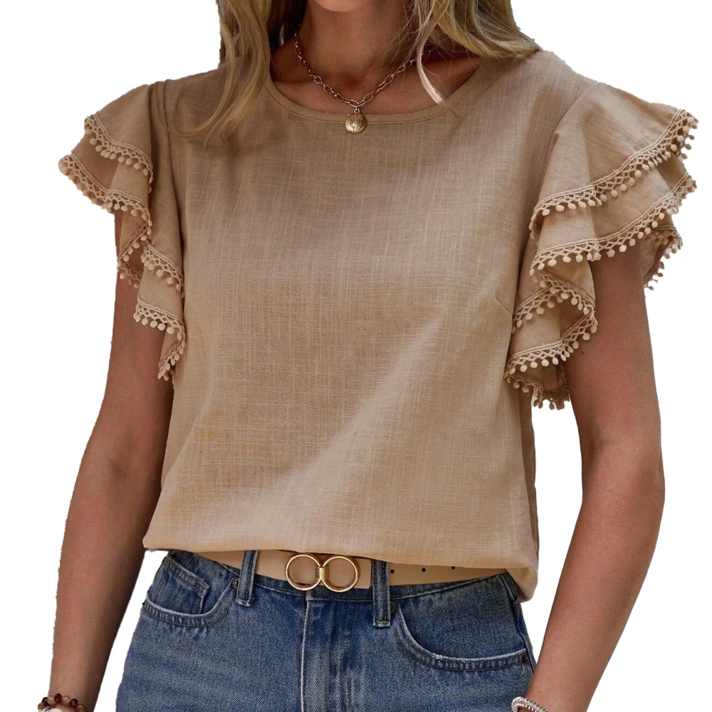 Women Round Neck Top Short Ruffle Sleeves Double Layers Loose Fitting Summer Casual T Shirt for Daily Wear Khaki S