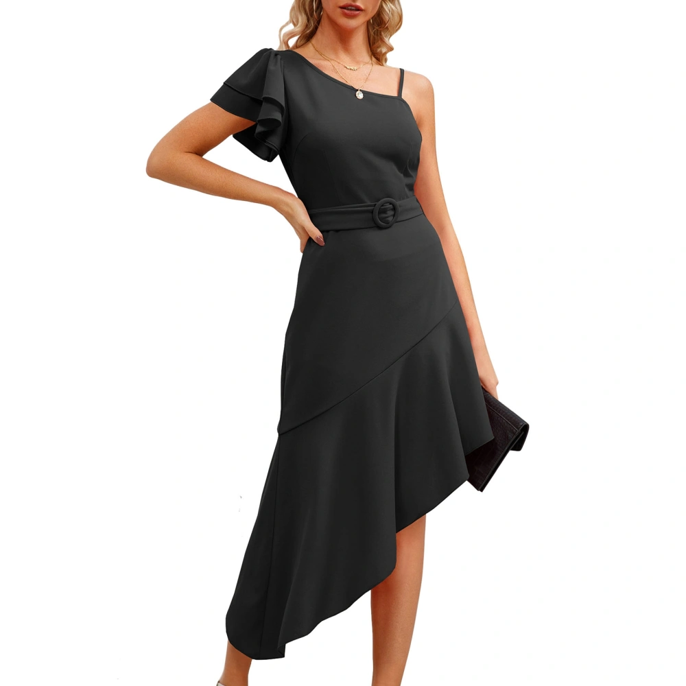 Women One Shoulder Ruffle Hem Dress Asymmetrical High Low Hem Solid Color Elegant Summer Dress with Waistband Black XL