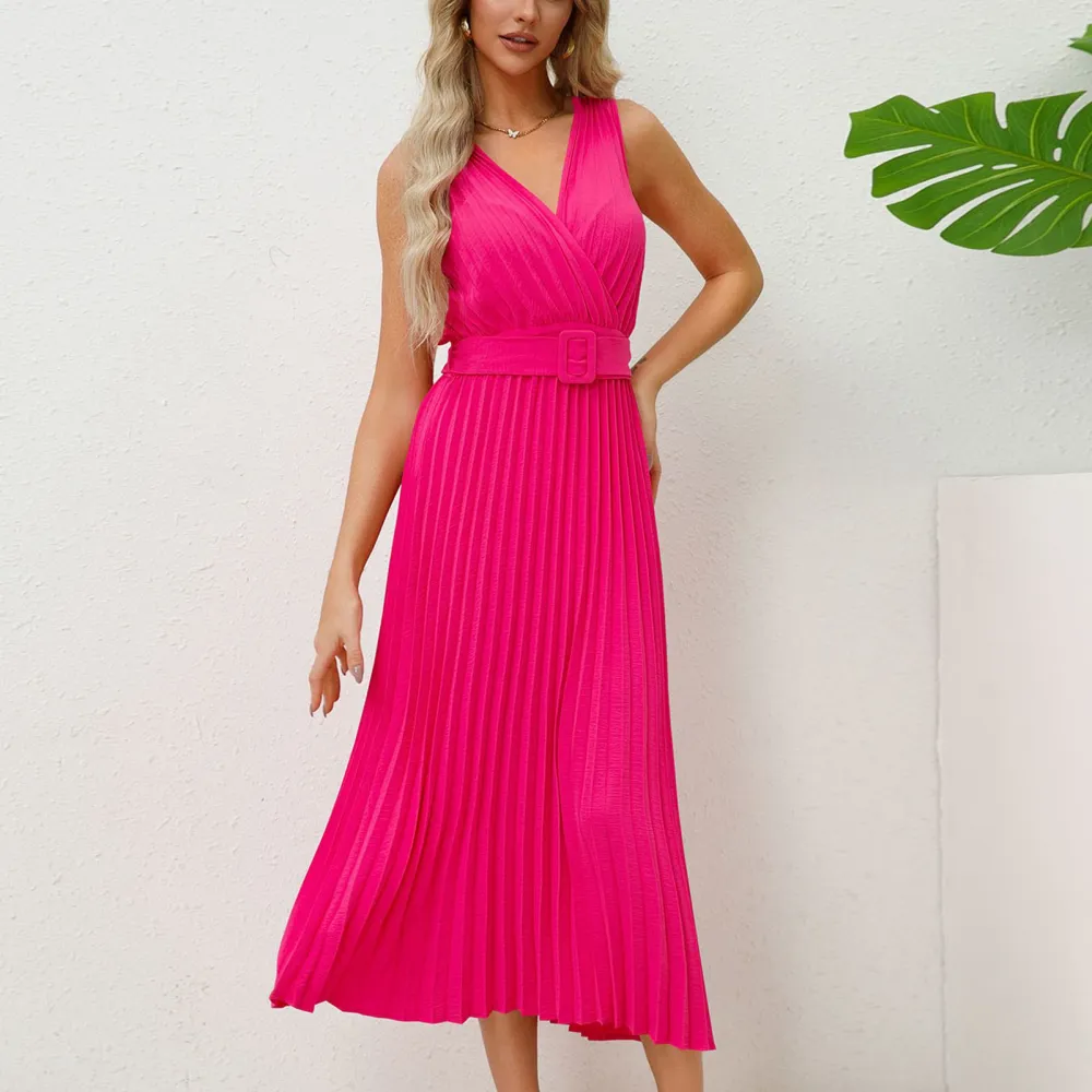 Pleated A Line Dress Deep V Neck Long Sleeveless Fashionable Pleated Midi Evening Dress for Women Rose Red XL