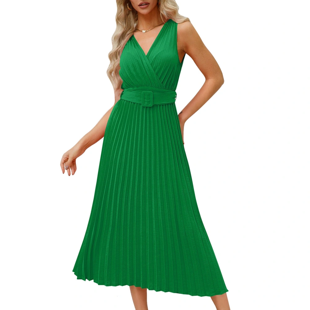 Pleated A Line Dress Deep V Neck Long Sleeveless Fashionable Pleated Midi Evening Dress for Women Green XXL