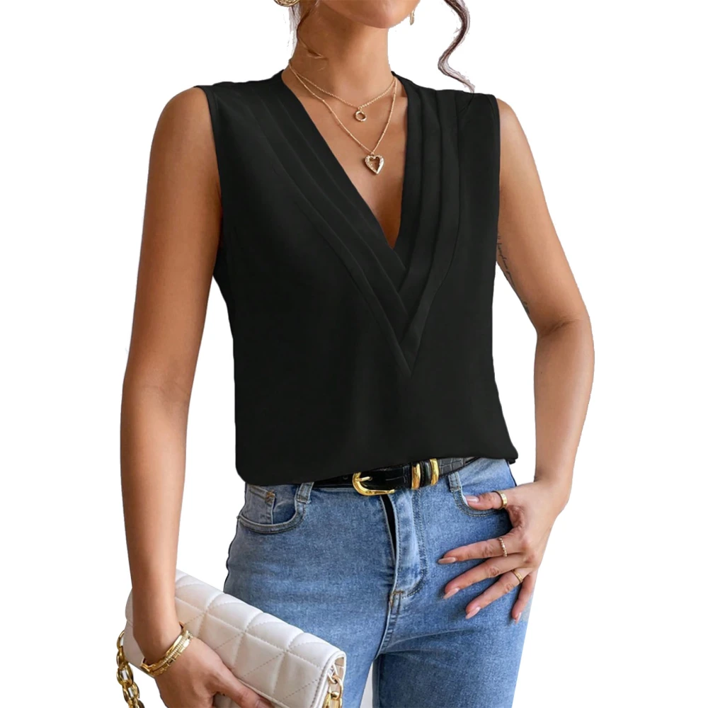 Women Layered V Neck Sleeveless Blouse Solid Color Casual Loose Fit Elegant Dressy Summer Tank Top Black XXL