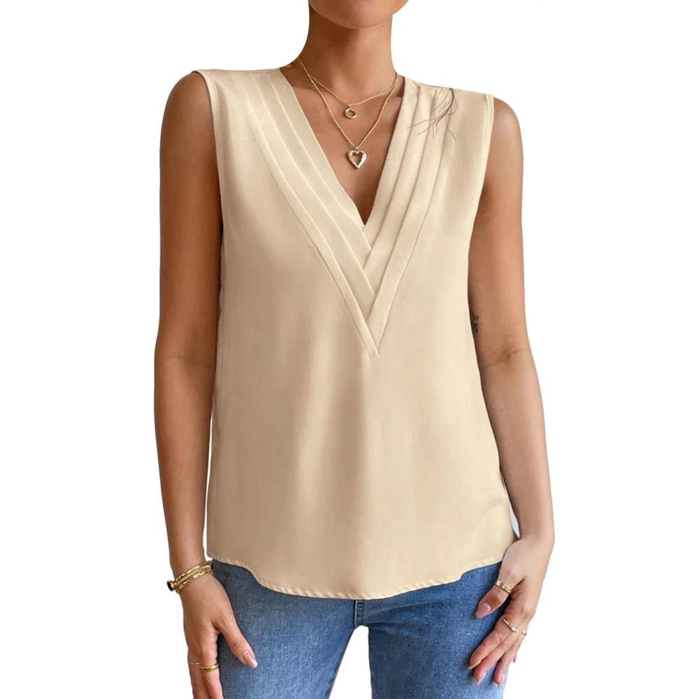 Women Layered V Neck Sleeveless Blouse Solid Color Casual Loose Fit Elegant Dressy Summer Tank Top Apricot XL