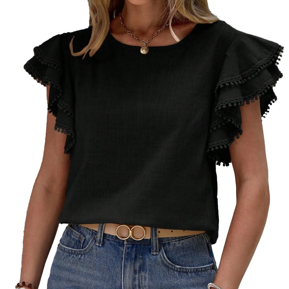 Women Round Neck Top Short Ruffle Sleeves Double Layers Loose Fitting Summer Casual T Shirt for Daily Wear Black XL