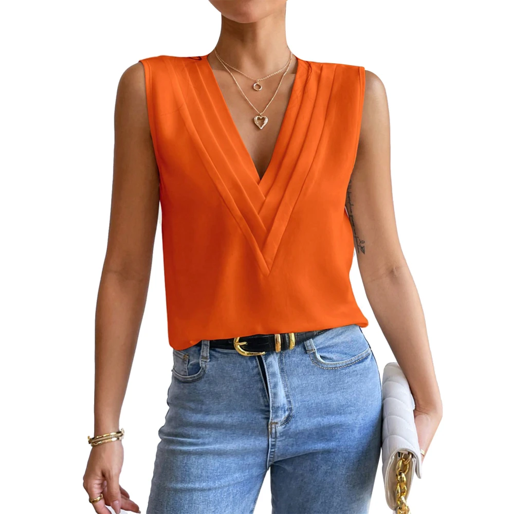 Women Layered V Neck Sleeveless Blouse Solid Color Casual Loose Fit Elegant Dressy Summer Tank Top Orange XL