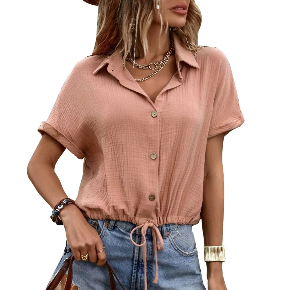 Women V Neck Button Up Shirt Short Sleeve Tie Drawstring Hem Solid Color Casual Loose Summer Shirt Pink L