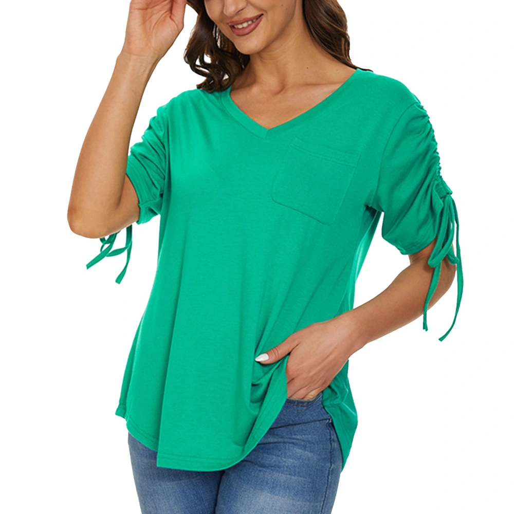 Women Short Sleeve V Neck Drawstring Pure Color Breathable Casual Top for Party Shopping Office Green S