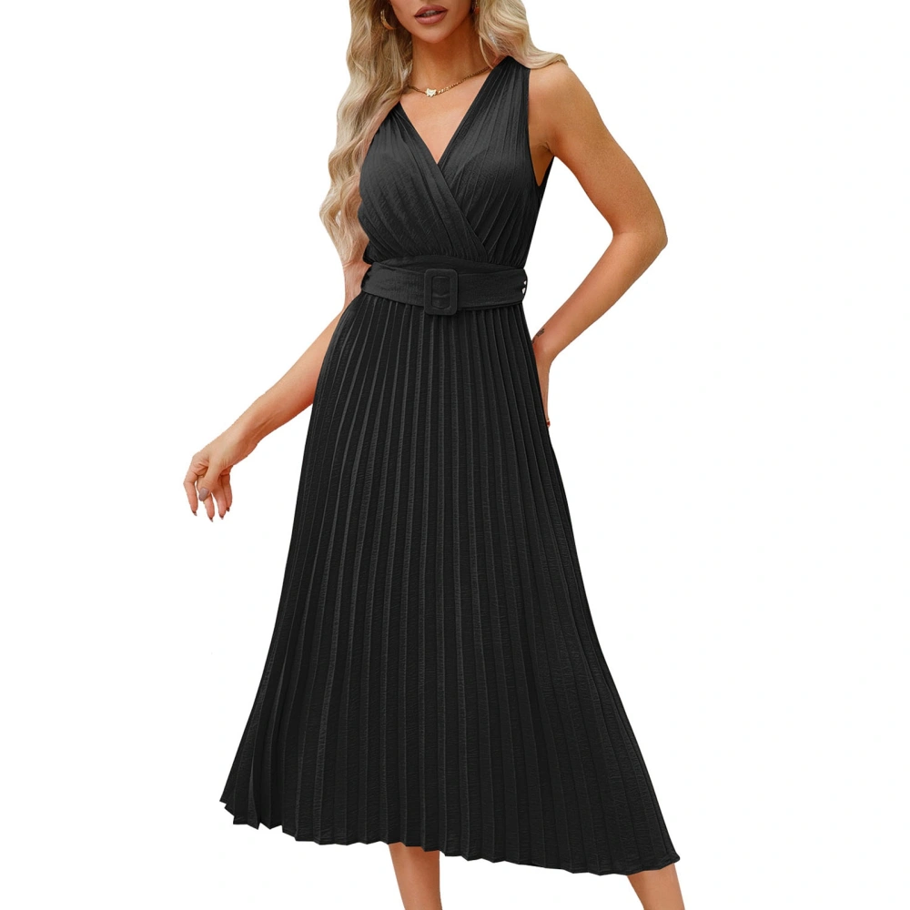 Pleated A Line Dress Deep V Neck Long Sleeveless Fashionable Pleated Midi Evening Dress for Women Black L