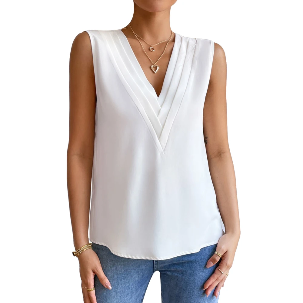 Women Layered V Neck Sleeveless Blouse Solid Color Casual Loose Fit Elegant Dressy Summer Tank Top White S