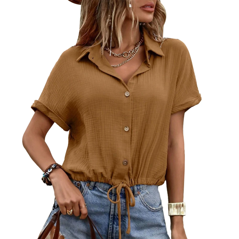 Women V Neck Button Up Shirt Short Sleeve Tie Drawstring Hem Solid Color Casual Loose Summer Shirt Dark Brown M