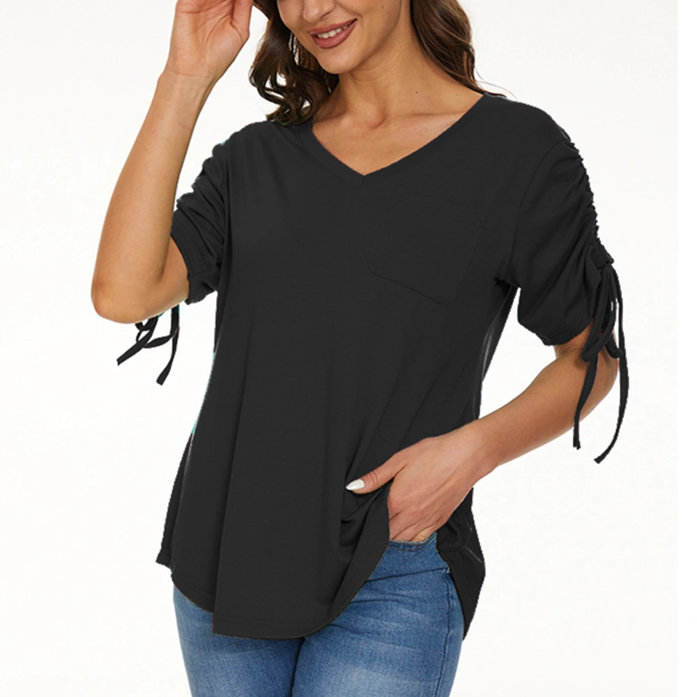 Women Short Sleeve V Neck Drawstring Pure Color Breathable Casual Top for Party Shopping Office Black S