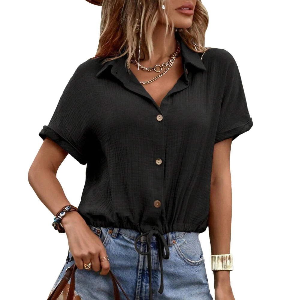 Women V Neck Button Up Shirt Short Sleeve Tie Drawstring Hem Solid Color Casual Loose Summer Shirt Black L