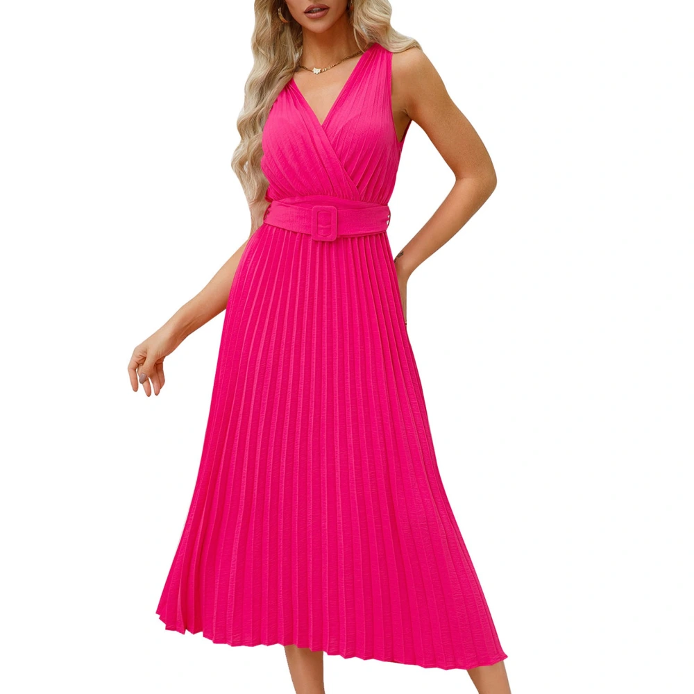 Pleated A Line Dress Deep V Neck Long Sleeveless Fashionable Pleated Midi Evening Dress for Women Rose Red XXL