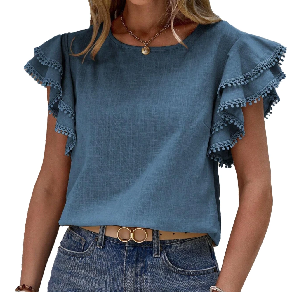 Women Round Neck Top Short Ruffle Sleeves Double Layers Loose Fitting Summer Casual T Shirt for Daily Wear Sky Blue S