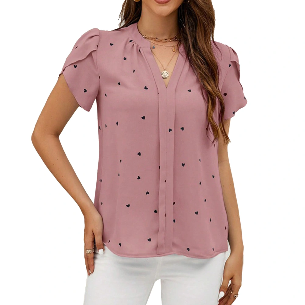 Short Petal Sleeve Blouse Heart Printed Basic V Neckline Petal Sleeve Blouse Top for Women Pink XL