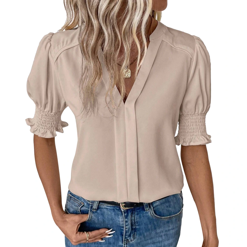 Women Short Puff Sleeves Shirt V Neck Shirred Cuffs Pure Casual Loose Fit Blouses for Summer Apricot M