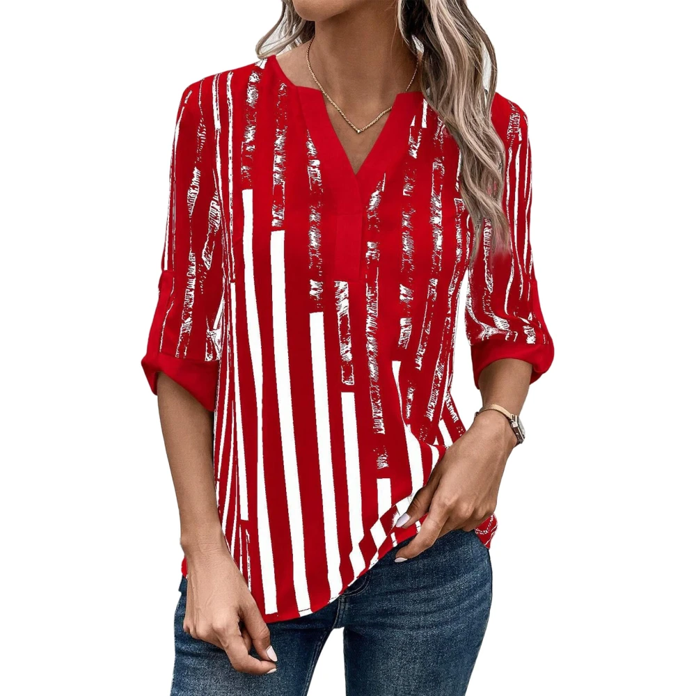 Stripe Printed V Neckline Blouse Color Block Half Sleeve Stripe Blouse Shirt for Women Red M