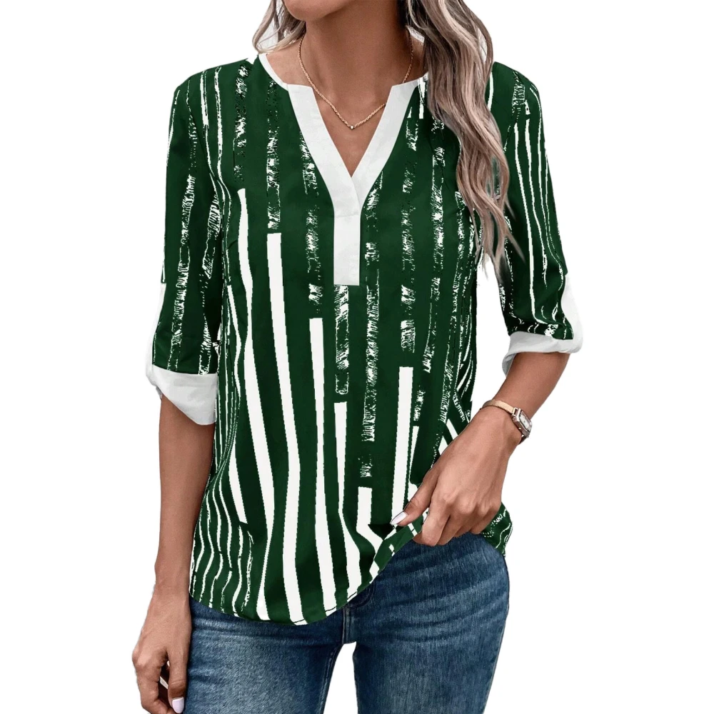 Stripe Printed V Neckline Blouse Color Block Half Sleeve Stripe Blouse Shirt for Women Dark Green S